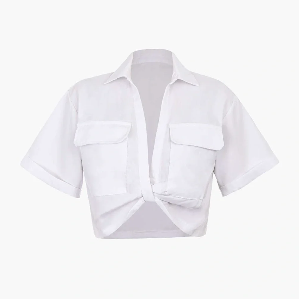 Zara Boxy Twist Hem White Collared Cropped Shirt - Picture 6 of 17